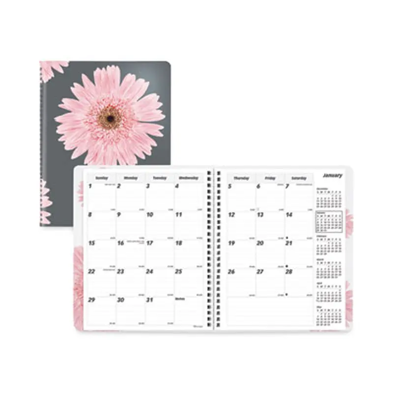 Essential Collection Ruled Monthly Planner, Pink Daisy Artwork, 8.88 x 7.13, Black/Pink Cover, 14-Month: Dec 2025 to Jan 2027 - Appointment Books & Planners | Brownline
