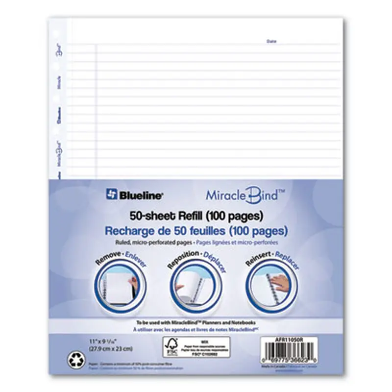 Ruled Paper Refill Sheets for all MiracleBind Notebooks and Planners, 11 x 9.06, White/Blue Sheets, Undated, 50/Pack - Appointment Books & Planners | Blueline