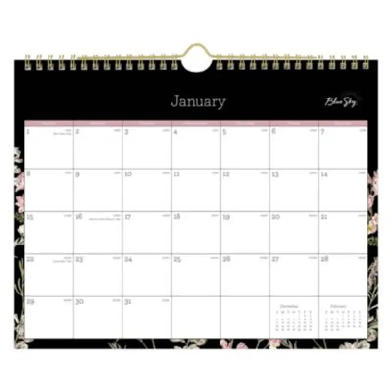 Neveah Monthly Wall Calendar, Floral Artwork, 11" x 8.75", White/Black/Pink Sheets, 12-Month (Jan to Dec): 2026 - Wall Calendars | Blue Sky
