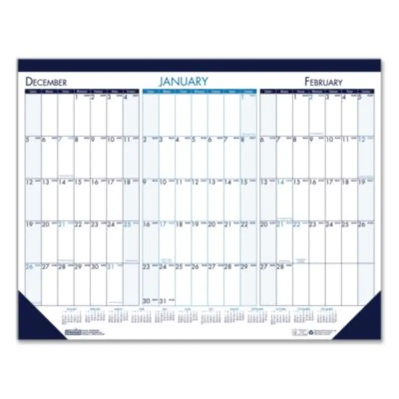 Three Month Desk Pad, 22 x 17, White/Blue/Teal Sheets, Blue Binding, Blue Corners, 14-Month: Dec 2025 to Jan 2027 - Desk Pad Calendars | House of Doolittle