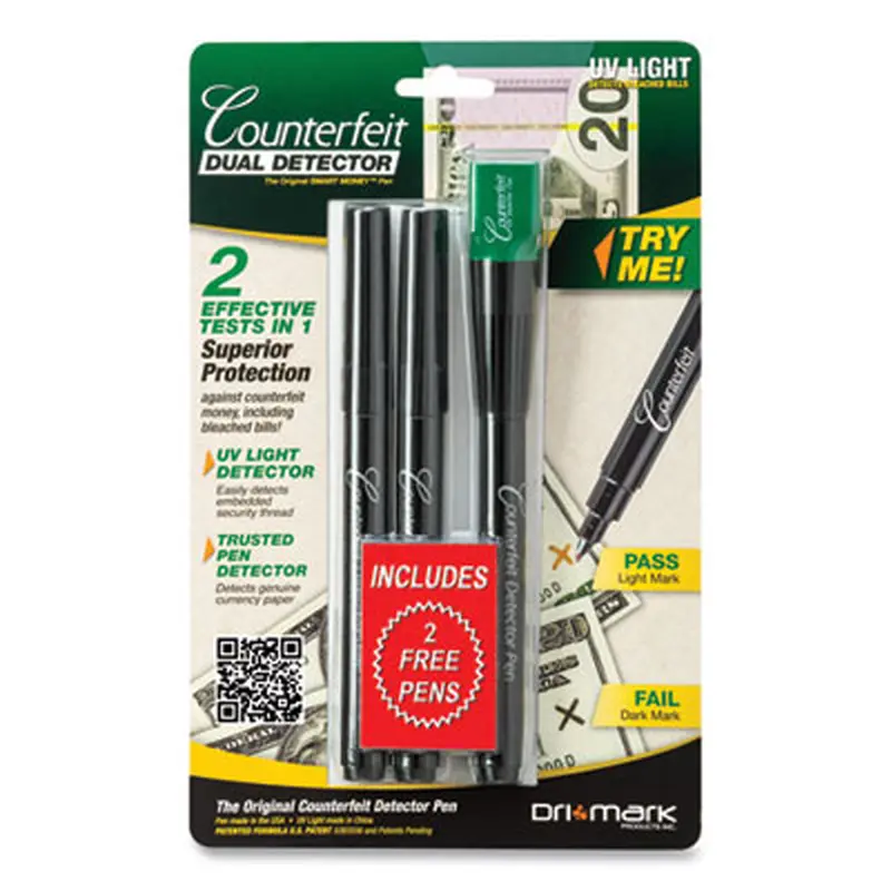 Smart Money Dual-Detector Pen with UV LED Cap for USD and Most International Currencies, Black - Counterfeit Bill Detectors | Dri-Mark