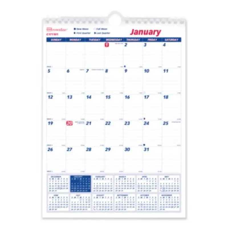 Twin-Wirebound Wall Calendar, One Month per Page, 8 x 11, White/Blue Sheets, 12-Month (Jan to Dec): 2026 - Wall Calendars | Brownline