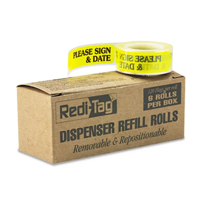 Arrow Message Page Flag Refills, "Please Sign and Date", Yellow, 120/Roll, 6 Rolls - Page Flags | Redi-Tag