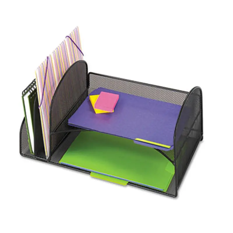 Onyx Mesh Desk Organizer, Two Vertical/Two Horizontal Sections, Steel Mesh, 17 x 10.75 x 7.75, Black - Desktop Supplies Organizers | Safco
