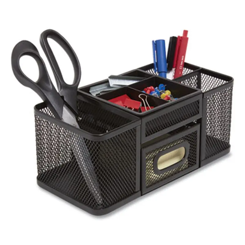 Seven Compartment Wire Mesh Accessory Holder, 4.45 x 9.33 x 3.86, Black - Desktop Supplies Organizers | TRU RED