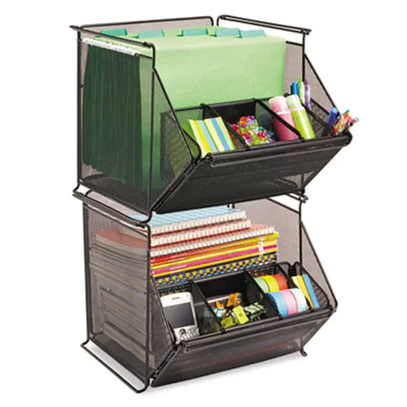 Onyx Stackable Mesh Storage Bin, 4 Compartments, Steel Mesh, 14 x 15.5 x 11.75, Black - Desktop Supplies Organizers | Safco