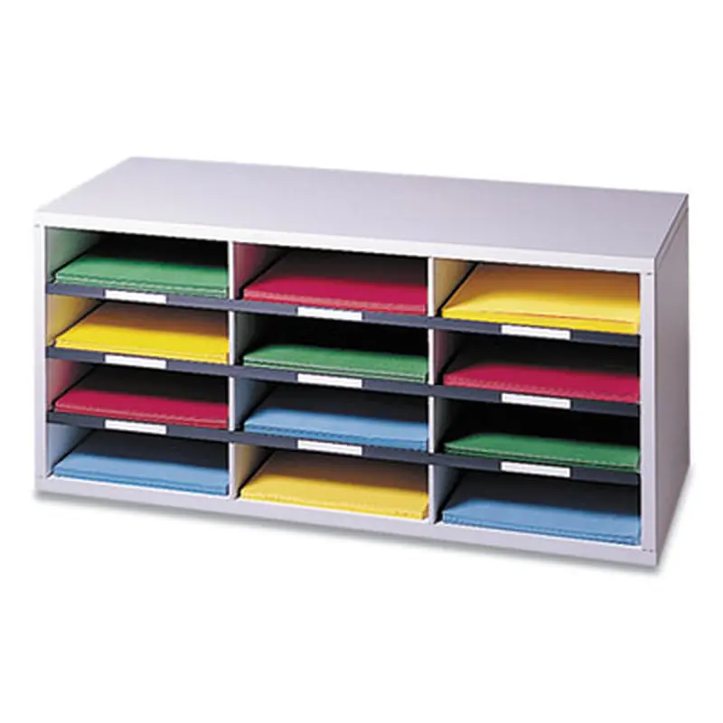 Particle Board Desktop Sorter, 12 Compartments, 29 x 11.88 x 12.9, Dove Gray - Literature Sorters | Fellowes