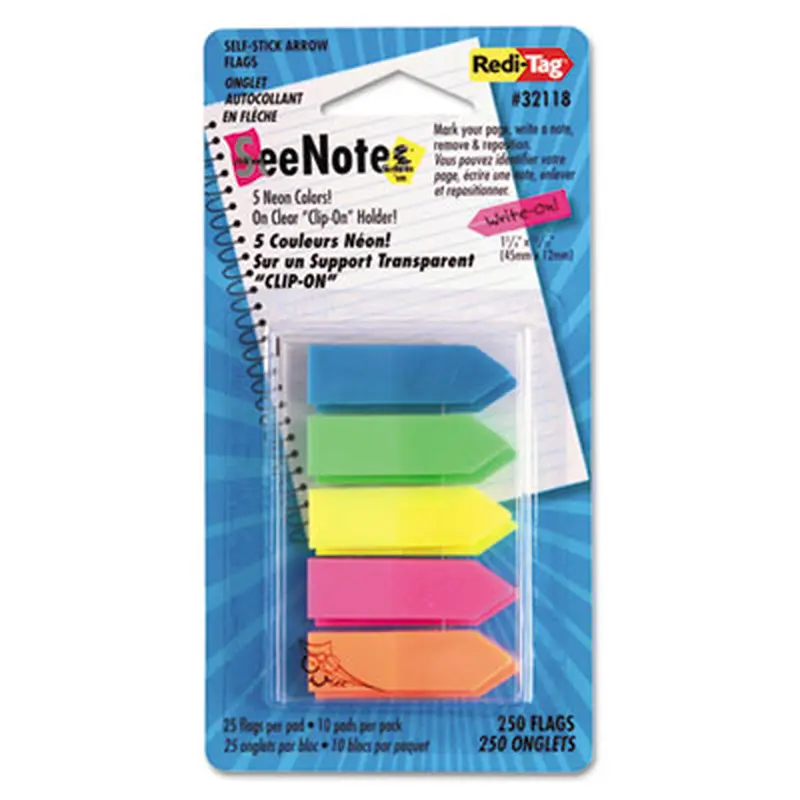 SeeNotes Transparent-Film Arrow Page Flags, Assorted Colors, 50/Pad, 5 Pads - Page Flags | Redi-Tag