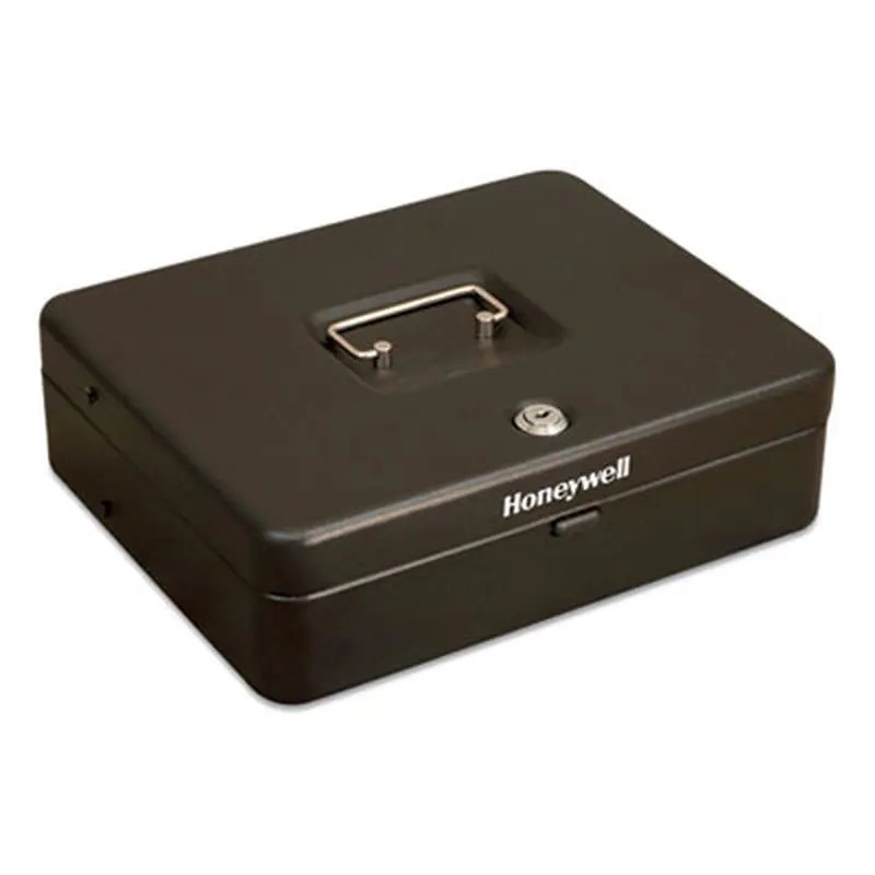 Tiered CantiDoor Lever Cash Box, 4 Bill, 5 Coin Slots, Key Lock, 11.9 x 9.7 x 3.5, Steel, Black - Cash Drawers/Boxes/Trays | Honeywell