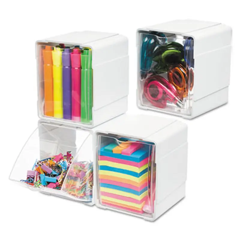 Tilt Bin Interlocking 4-Bin Organizer, Plastic, 4.63 x 4.88 x 5.5, White/Clear - Desktop Supplies Organizers | deflecto