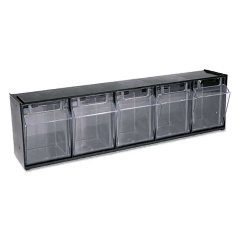 Tilt Bin Interlocking Multi-Bin Storage Organizer, 5 Sections, 23.63" x 5.25" x 6.5", Black/Clear - Boxes & Bins | deflecto