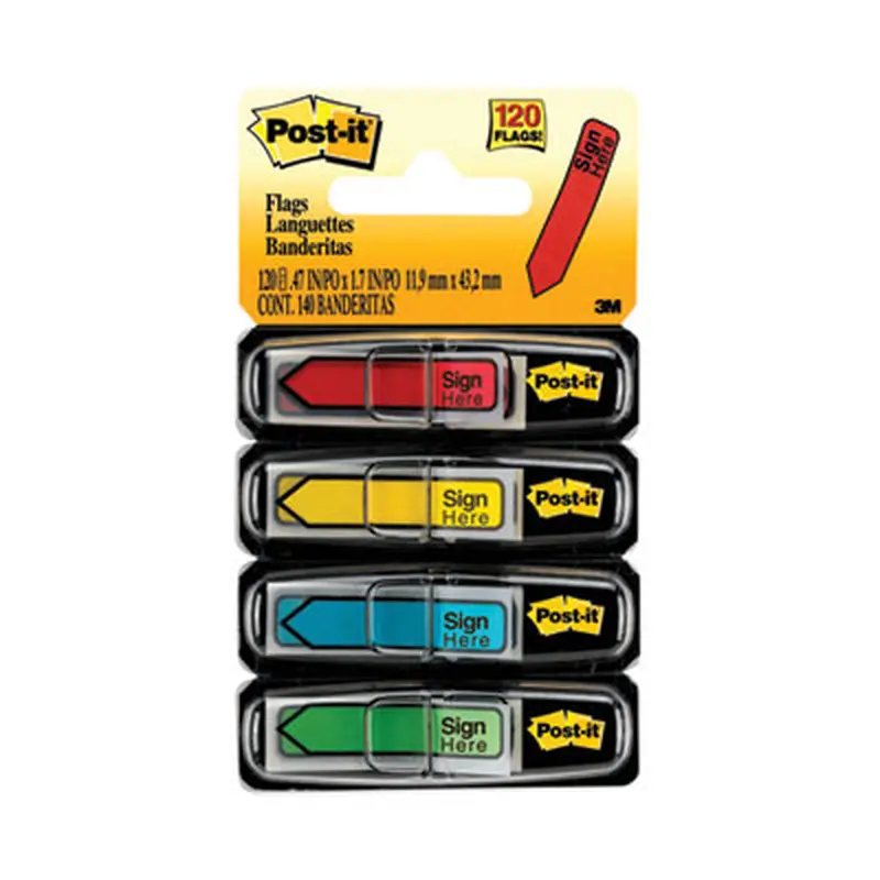 Arrow Message 0.5" Page Flags w/Dispensers, "Sign Here", Asst Primary, 30 Flags Dispenser, 4 Dispensers/Pack - Page Flags | Post-it Flags