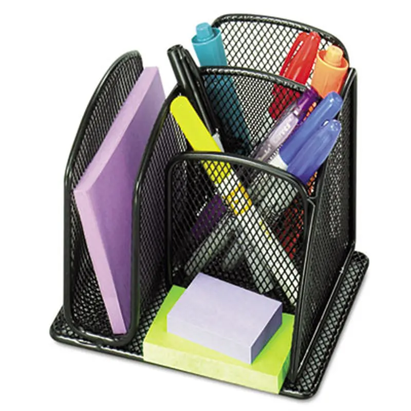 Onyx Mesh Mini Organizer, 3 Compartments, Steel, 6 x 5.25 x 5.25, Black - Desktop Supplies Organizers | Safco