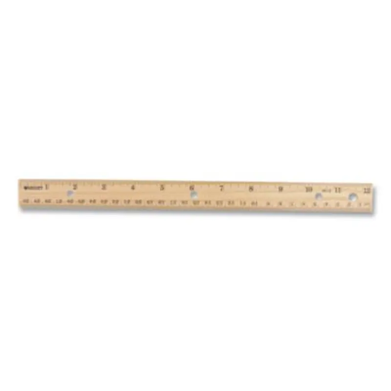 Three-Hole Punched Wood Ruler English and Metric With Metal Edge, 12" Long - Rulers | Westcott