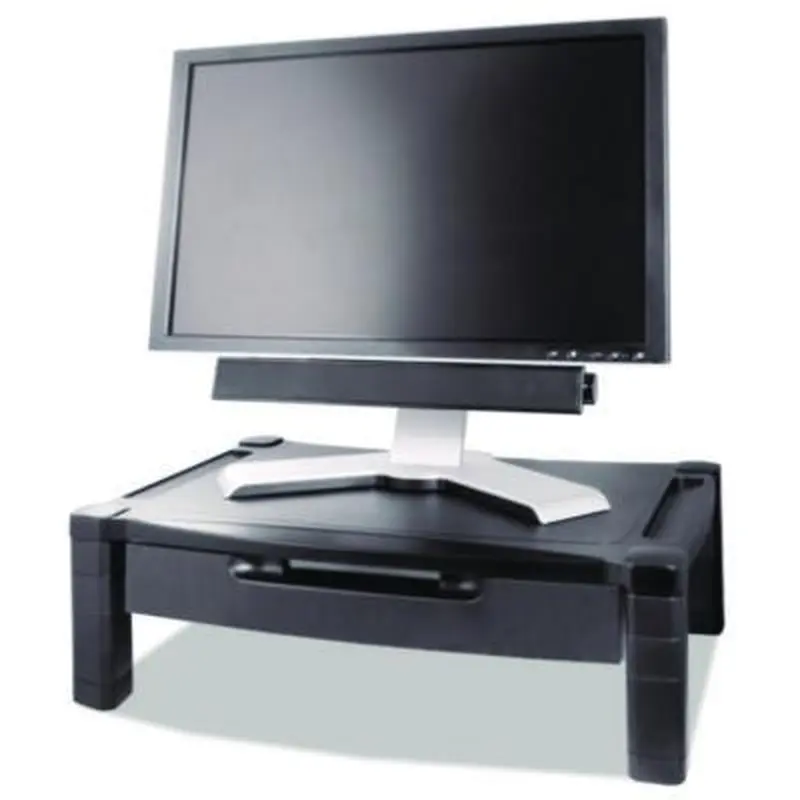 Wide Deluxe Two-Level Monitor Stand with Drawer, 20" x 13.25" x 3" to 6.5", Black, Supports 50 lbs - Monitor Stands | Kantek