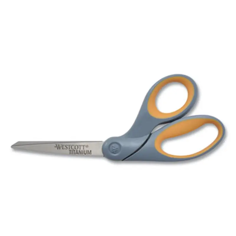 Titanium Bonded Scissors, 8" Long, 3.5" Cut Length, Crane-Style Gray/Yellow Handle - Scissors | Westcott