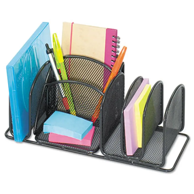 Deluxe Organizer, 6 Compartments, Steel, 12.5 x 5.25 x 5.25, Black - Desktop Supplies Organizers | Safco