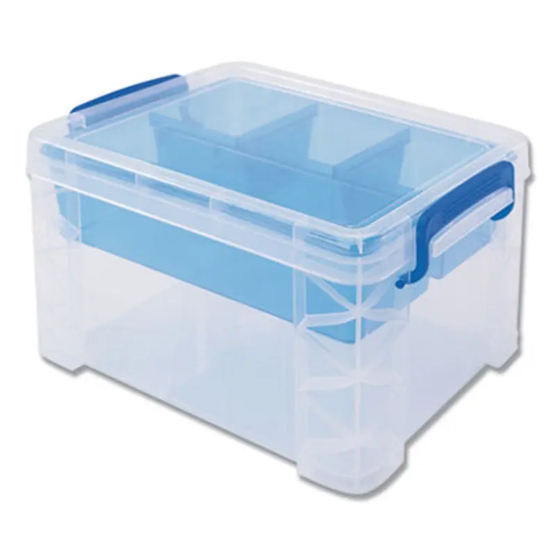 Super Stacker Divided Storage Box, 5 Sections, 7.5" x 10.13" x 6.5", Clear/Blue - General Purpose Storage Bins | Advantus