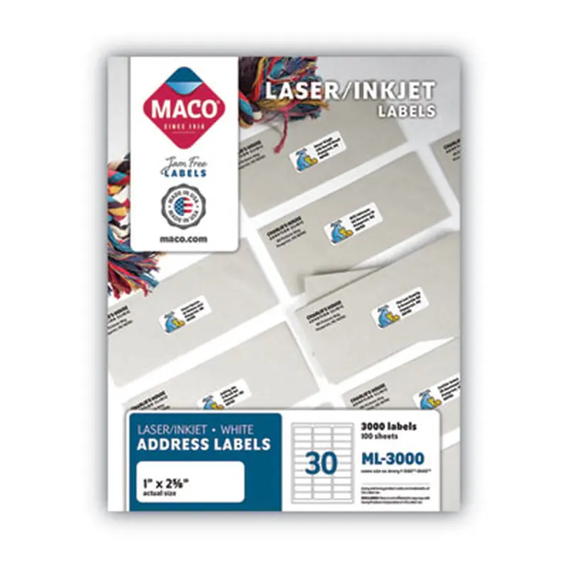 White Laser/Inkjet Shipping Address Labels, Inkjet/Laser Printers, 1 x 2.63, White, 30 Labels/Sheet, 100 Sheets/Box - Shipping & Mailing Labels | MACO