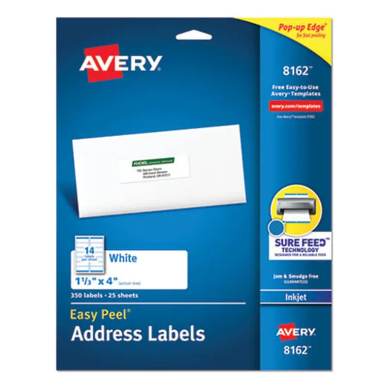 Easy Peel White Address Labels w/ Sure Feed Technology, Inkjet Printers, 1.33 x 4, White, 14/Sheet, 25 Sheets/Pack - Shipping & Mailing Labels | Avery