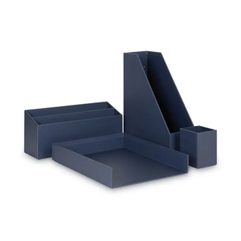 Four-Piece Desk Organization Kit, Magazine Holder/Paper Tray/Pencil Cup/Storage Bin, Chipboard, Navy - Desktop Supplies Organizers | U Brands