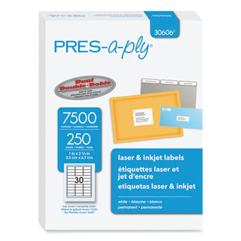 Labels, Laser Printers, 1 x 2.63, White, 30/Sheet, 250 Sheets/Box - Shipping & Mailing Labels | PRES-a-ply