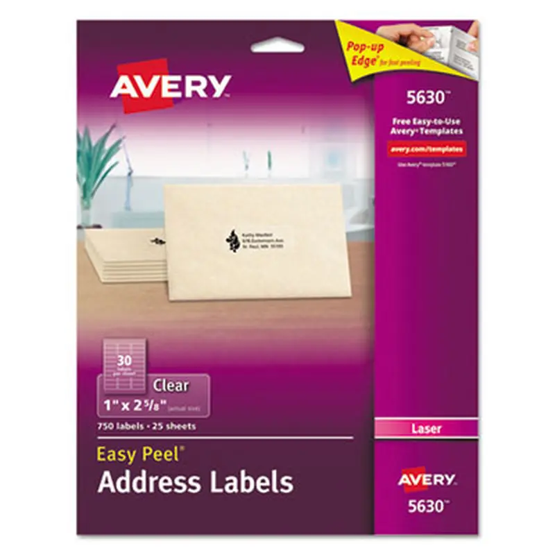 Matte Clear Easy Peel Mailing Labels w/ Sure Feed Technology, Laser Printers, 1 x 2.63, Clear, 30/Sheet, 25 Sheets/Box - Shipping & Mailing Labels | Avery