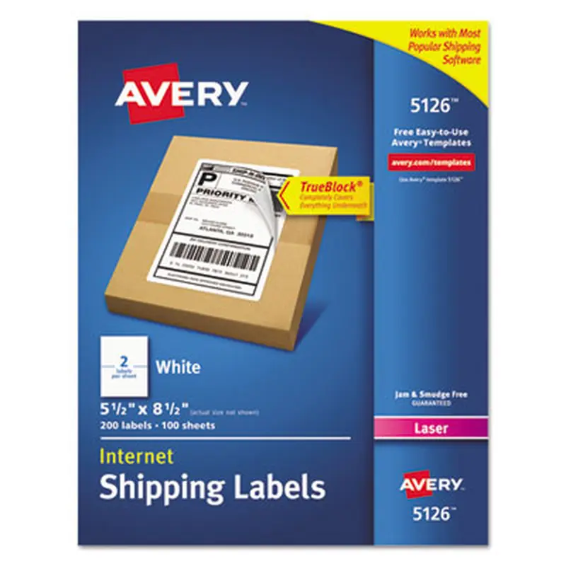 Shipping Labels w/ TrueBlock Technology, Laser Printers, 5.5 x 8.5, White, 2/Sheet, 100 Sheets/Box - Shipping & Mailing Labels | Avery