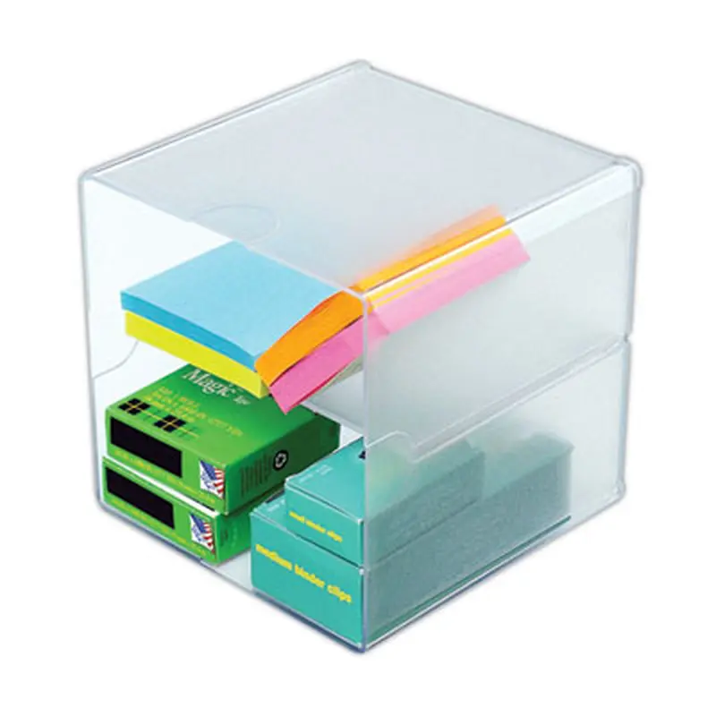 Stackable Cube Organizer, Divided, 2 Compartments, Plastic, 6 x 6 x 6, Clear - Desktop Supplies Organizers | deflecto