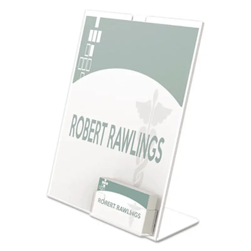 Superior Image Slanted Sign Holder with Business Card Holder, 8.5w x 4.5d x 11h, Clear - Literature Racks & Displays | deflecto