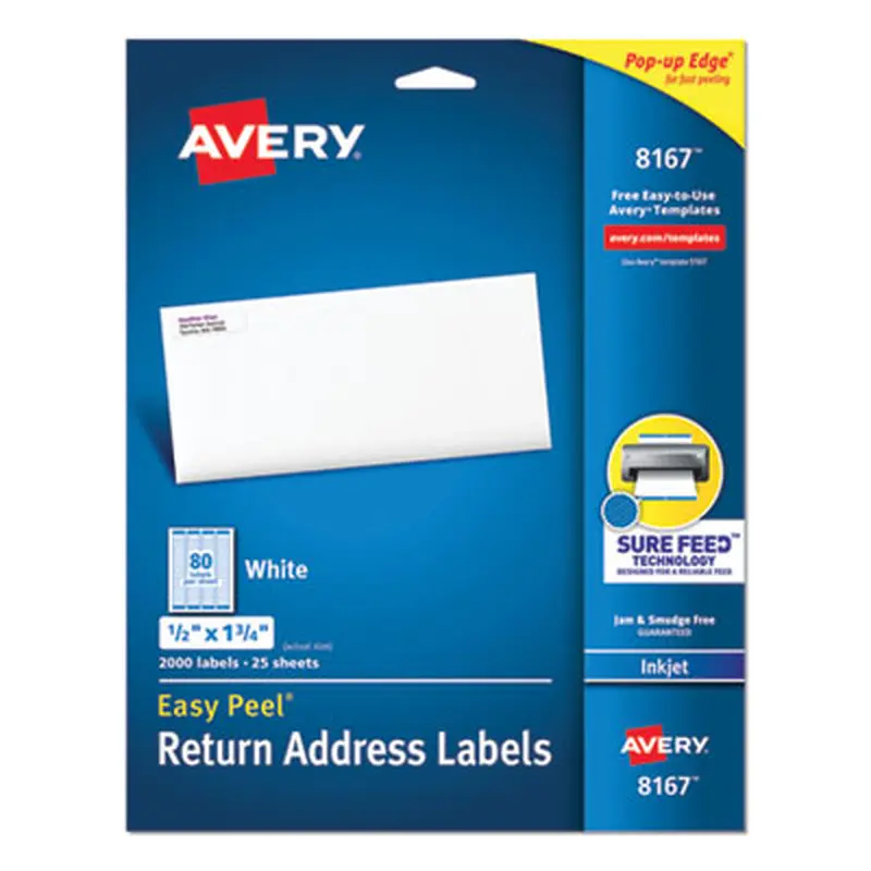 Easy Peel White Address Labels w/ Sure Feed Technology, Inkjet Printers, 0.5 x 1.75, White, 80/Sheet, 25 Sheets/Pack - Shipping & Mailing Labels | Avery