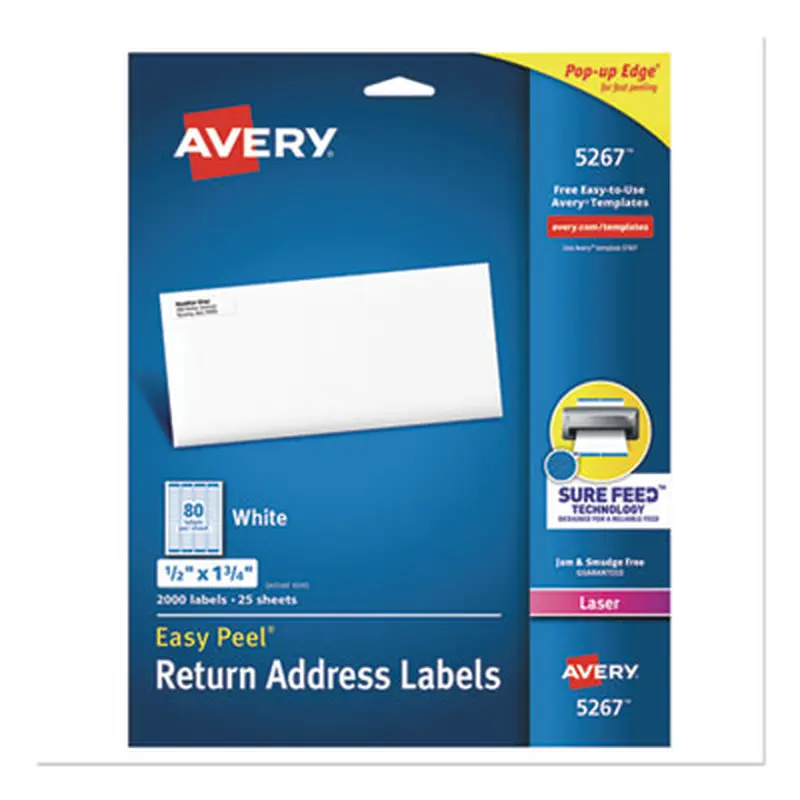 Easy Peel White Address Labels w/ Sure Feed Technology, Laser Printers, 0.5 x 1.75, White, 80/Sheet, 25 Sheets/Pack - Shipping & Mailing Labels | Avery