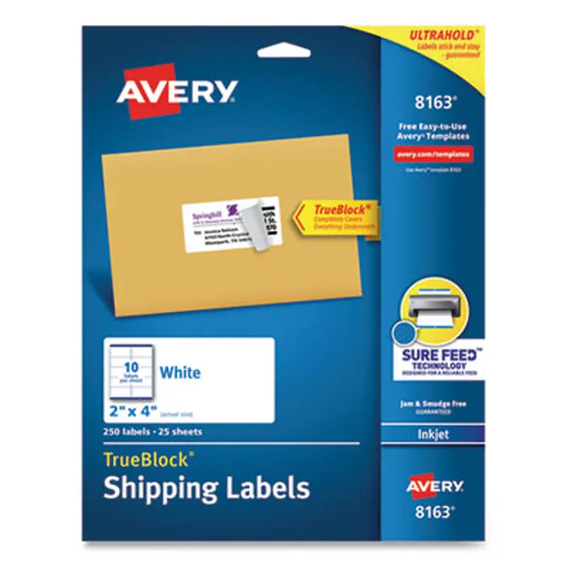 Shipping Labels w/ TrueBlock Technology, Inkjet Printers, 2 x 4, White, 10/Sheet, 25 Sheets/Pack - Shipping & Mailing Labels | Avery