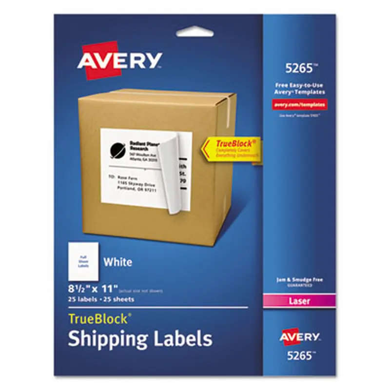 Shipping Labels with TrueBlock Technology, Laser Printers, 8.5 x 11, White, 25/Pack - Shipping & Mailing Labels | Avery
