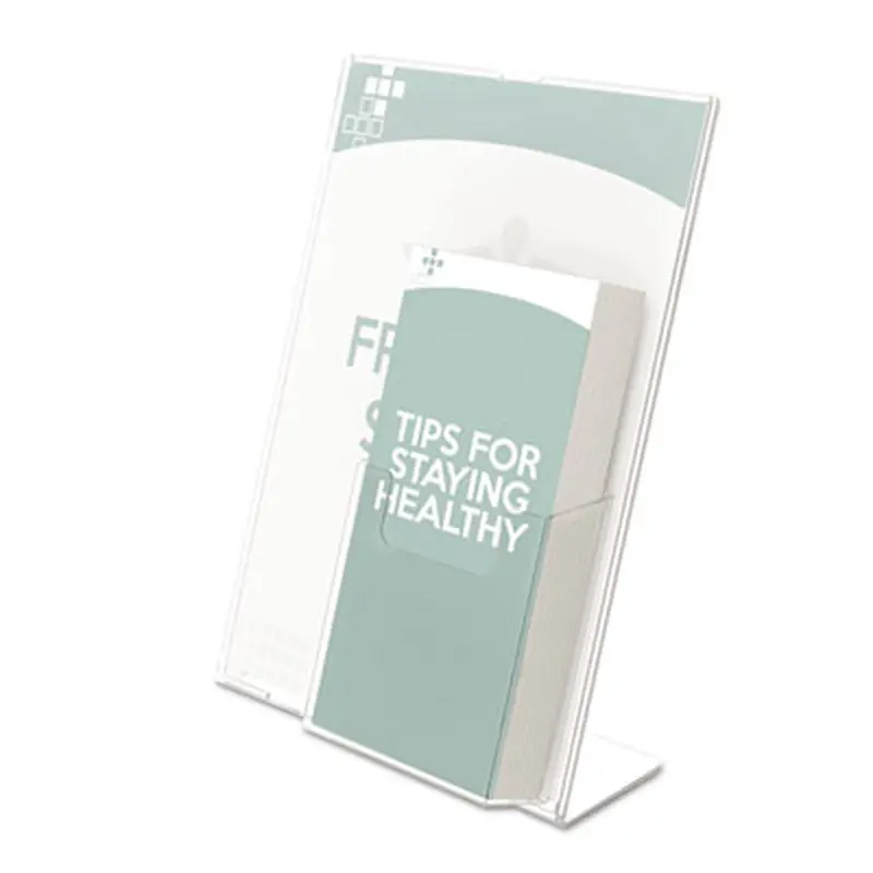 Superior Image Slanted Sign Holder with Front Pocket, 9w x 4.5d x 10.75h, Clear - Literature Racks & Displays | deflecto