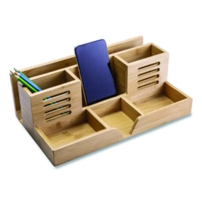 Bamboo Desk Organizer, 7 Compartments, 14.09 x 8.62 x 5.28, Natural Wood Grain, Bamboo - Desktop Supplies Organizers | Officemate