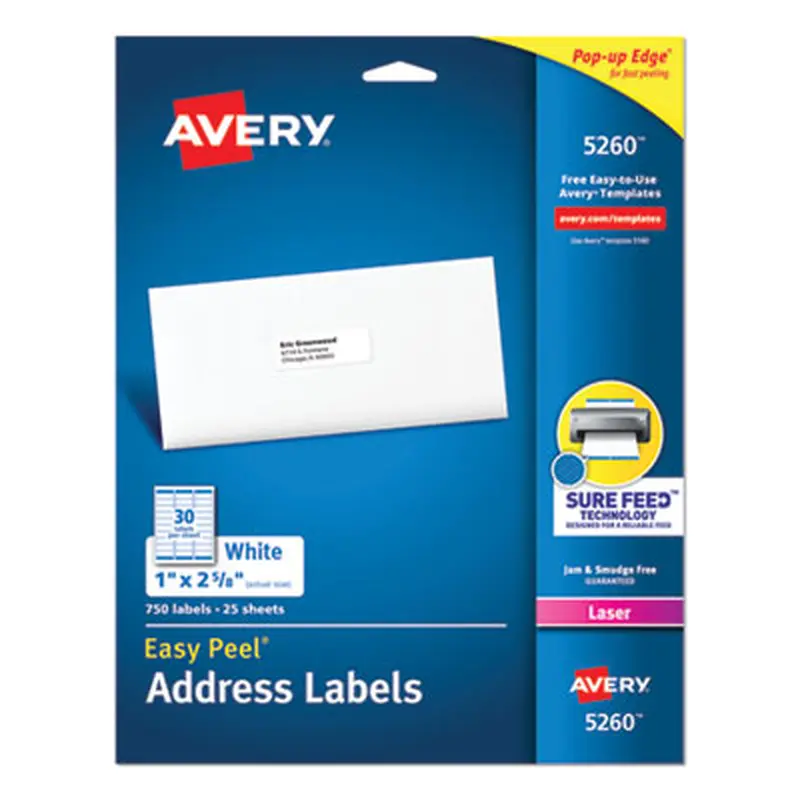 Easy Peel White Address Labels w/ Sure Feed Technology, Laser Printers, 1 x 2.63, White, 30/Sheet, 25 Sheets/Pack - Shipping & Mailing Labels | Avery