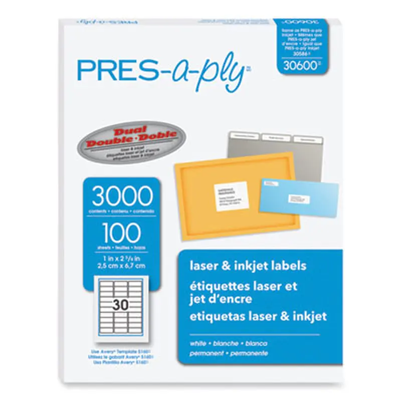Labels, Laser Printers, 1 x 2.63, White, 30/Sheet, 100 Sheets/Box - Shipping & Mailing Labels | PRES-a-ply