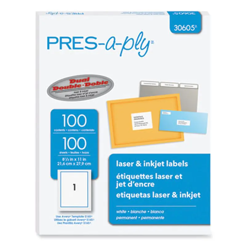 Labels, Laser Printers, 8.5 x 11, White, 100/Box - Shipping & Mailing Labels | PRES-a-ply