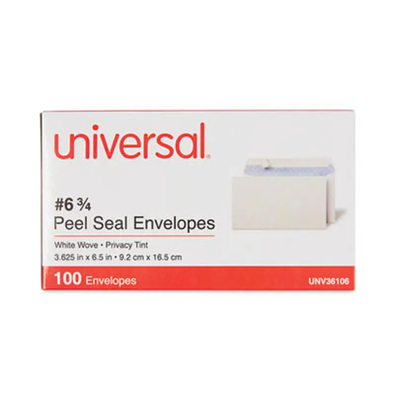 Peel Seal Strip Security Tint Business Envelope, #6 3/4, Square Flap, Self-Adhesive Closure, 3.63 x 6.5, White, 100/Box - Business Envelopes | Universal