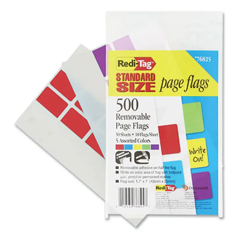 Removable Page Flags, Red/Blue/Green/Yellow/Purple, 100/Color, 500/Pack - Page Flags | Redi-Tag