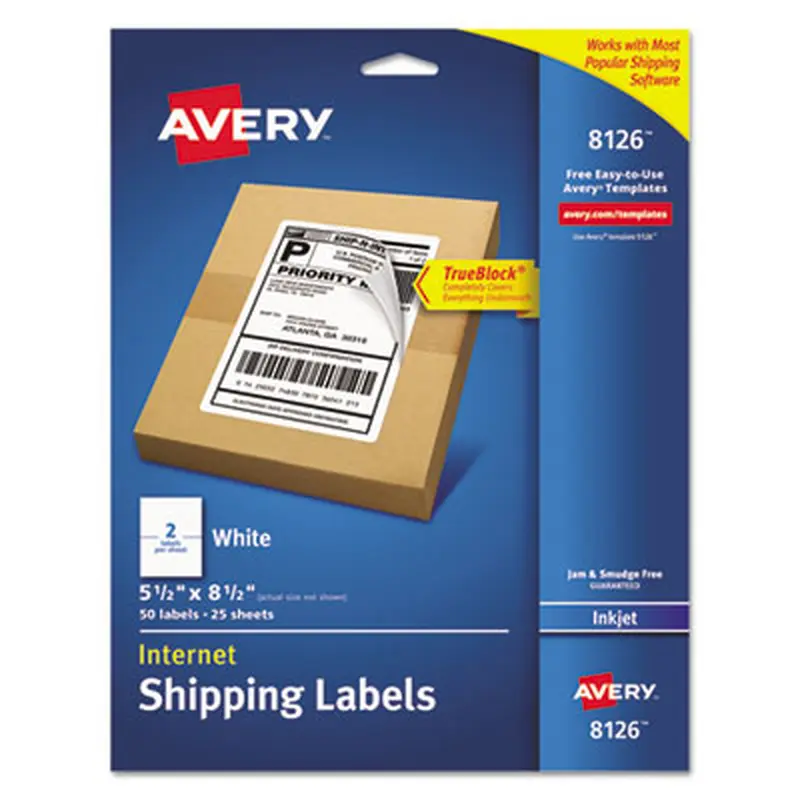 Shipping Labels w/ TrueBlock Technology, Inkjet Printers, 5.5 x 8.5, White, 2/Sheet, 25 Sheets/Pack - Shipping & Mailing Labels | Avery