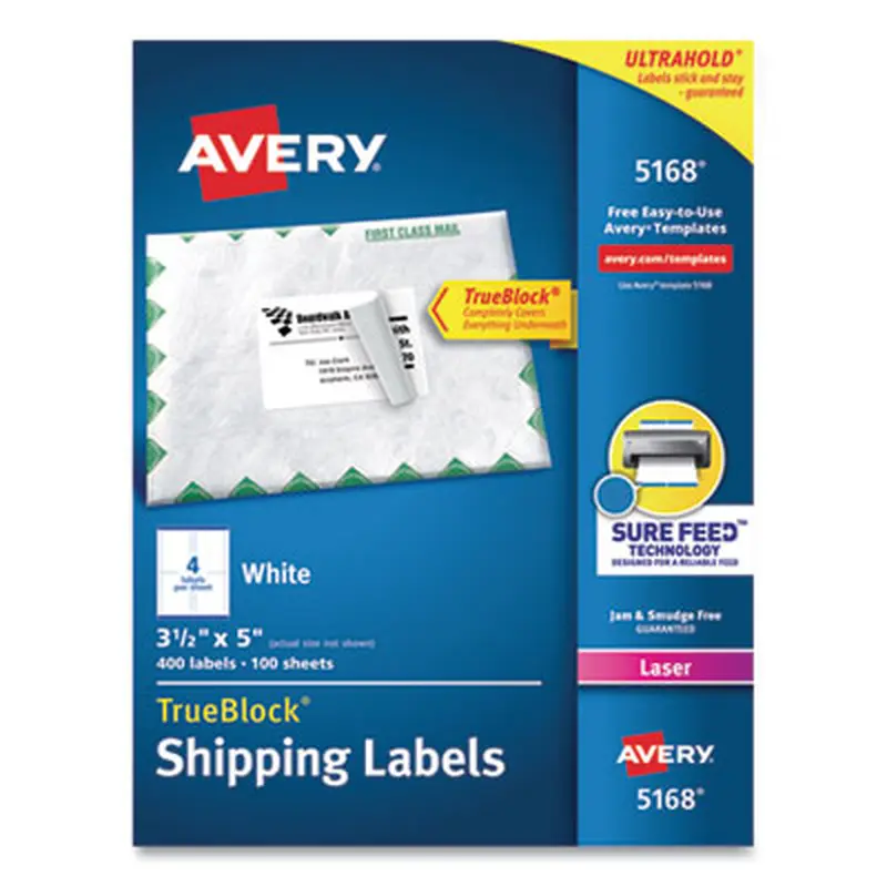 Shipping Labels w/ TrueBlock Technology, Laser Printers, 3.5 x 5, White, 4/Sheet, 100 Sheets/Box - Shipping & Mailing Labels | Avery