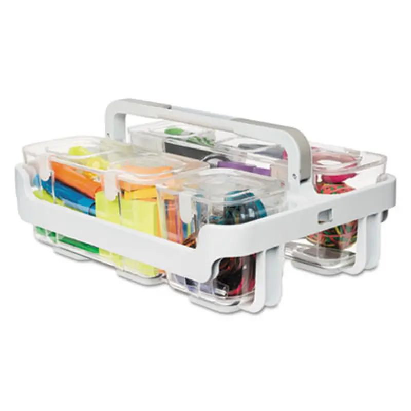 Stackable Caddy Organizer with S, M and L Containers, Plastic, 10.5 x 14 x 6.5, White Caddy/Clear Containers - Desktop Supplies Organizers | deflecto