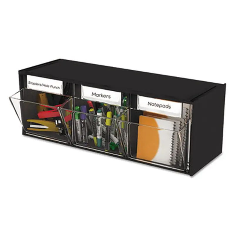 Tilt Bin Interlocking Multi-Bin Storage Organizer, 3 Sections, 23.63" x 7.75" x 9.5", Black/Clear - Boxes & Bins | deflecto