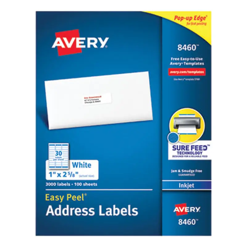 Easy Peel White Address Labels w/ Sure Feed Technology, Inkjet Printers, 1 x 2.63, White, 30/Sheet, 100 Sheets/Box - Shipping & Mailing Labels | Avery