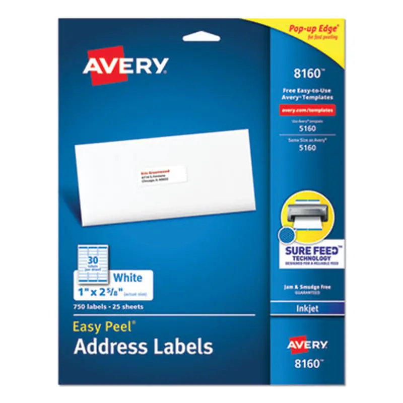 Easy Peel White Address Labels w/ Sure Feed Technology, Inkjet Printers, 1 x 2.63, White, 30/Sheet, 25 Sheets/Pack - Shipping & Mailing Labels | Avery