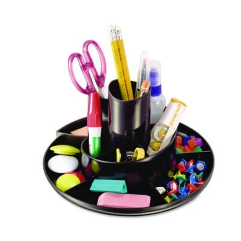 Rotary Desk Organizer, 11 Compartments, Plastic, 8.75" Diameter x 5.38"h, Black - Desktop Supplies Organizers | Universal