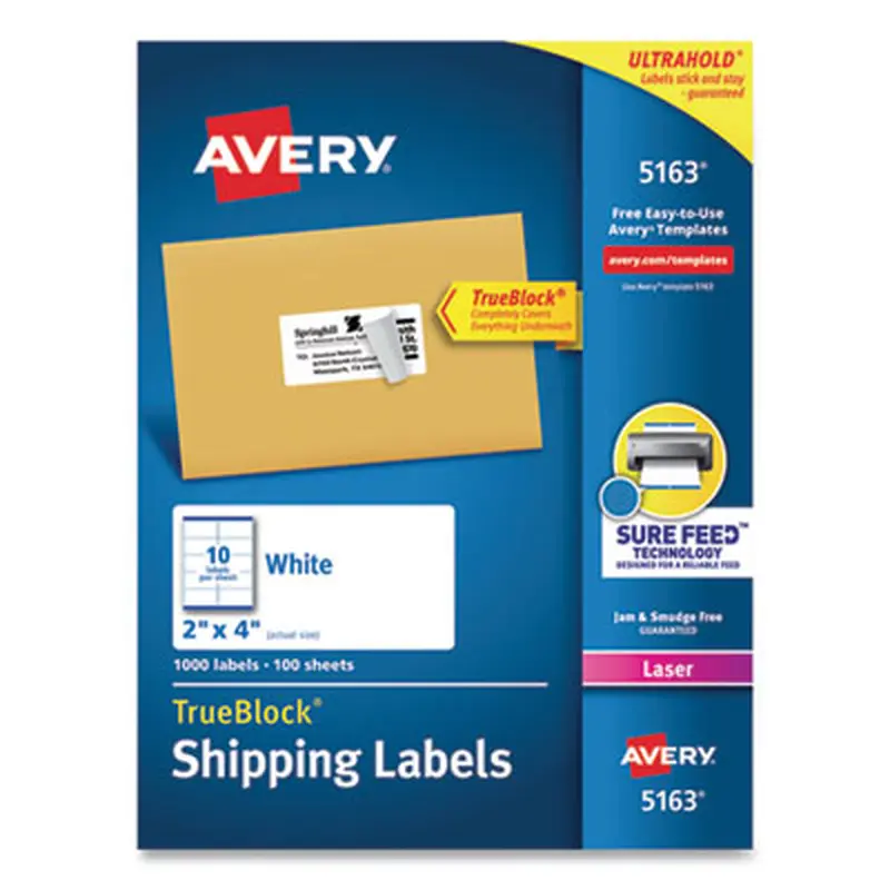 Shipping Labels w/ TrueBlock Technology, Laser Printers, 2 x 4, White, 10/Sheet, 100 Sheets/Box - Shipping & Mailing Labels | Avery