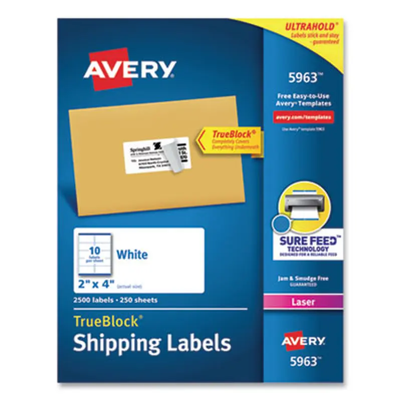 Shipping Labels w/ TrueBlock Technology, Laser Printers, 2 x 4, White, 10/Sheet, 250 Sheets/Box - Shipping & Mailing Labels | Avery
